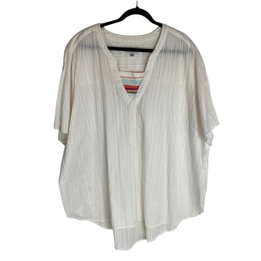 Diane Gilman Womens Short-Sleeve V-Neck White Cotton T-Shirt Tee Semi Sheer 4X